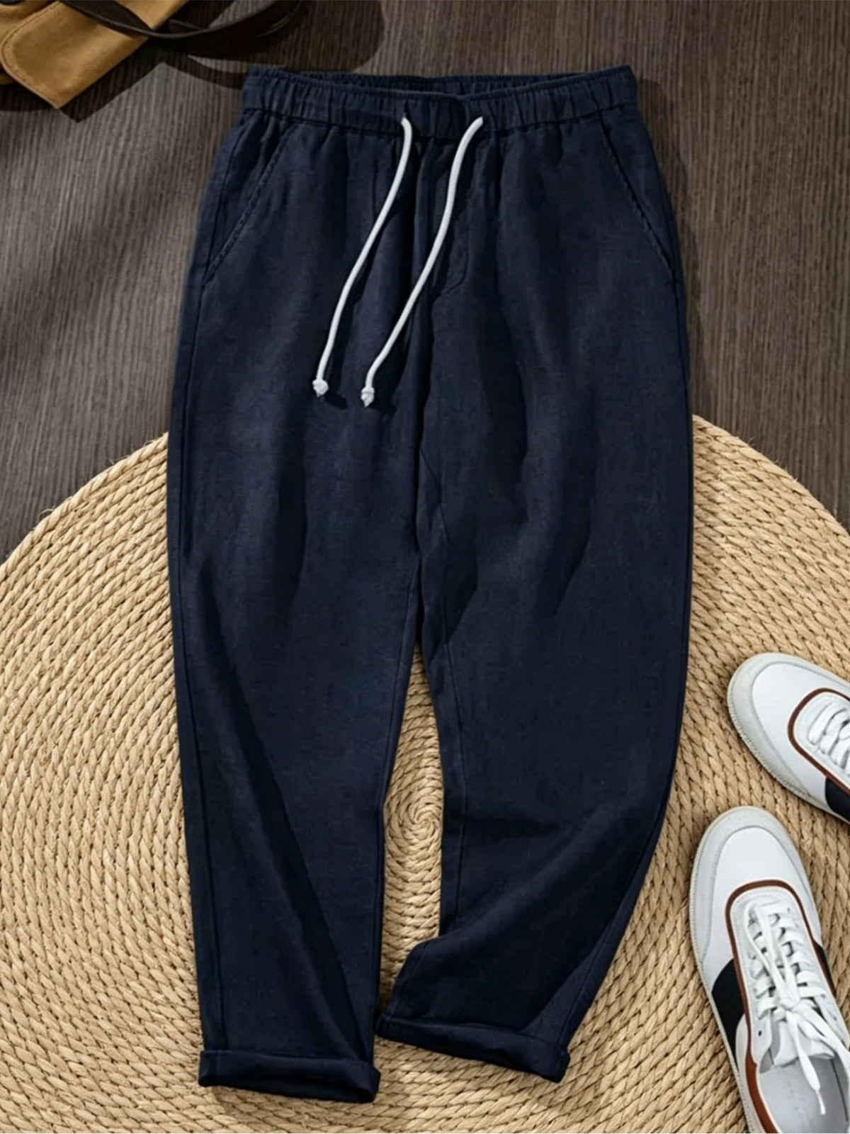 100% Linen Men Cropped Harem Pants Summer Casual Drawstring Trousers