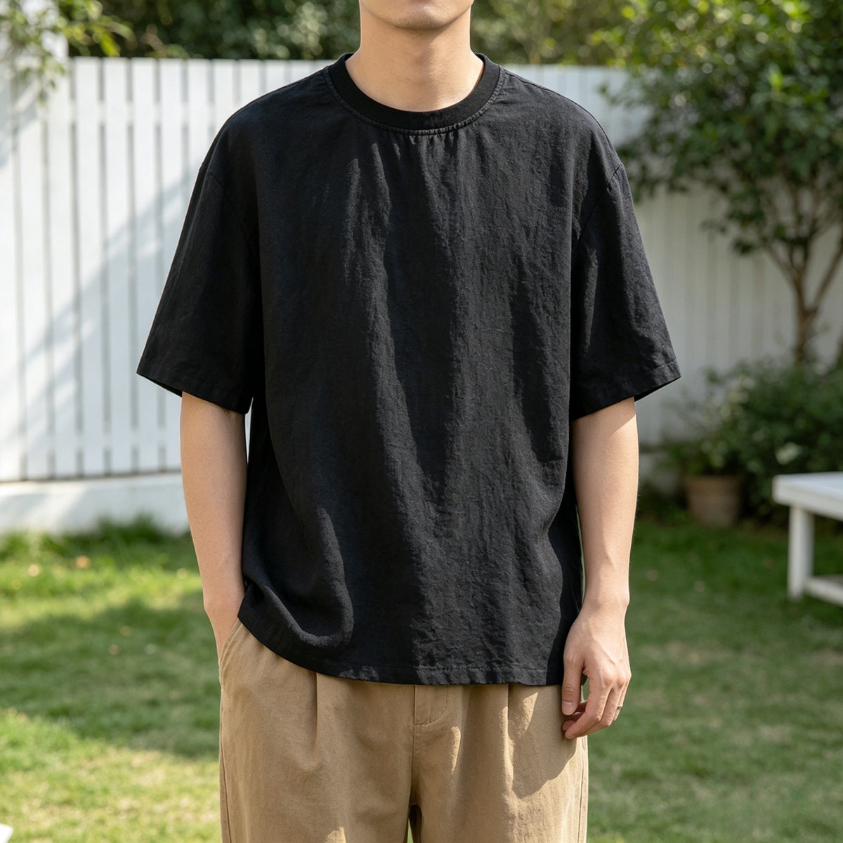 Herren-T-Shirt aus 100 % Hanf mit kurzem Arm, lässiges Sommer-Shirt mit Rundhalsausschnitt und lockerer Passform
