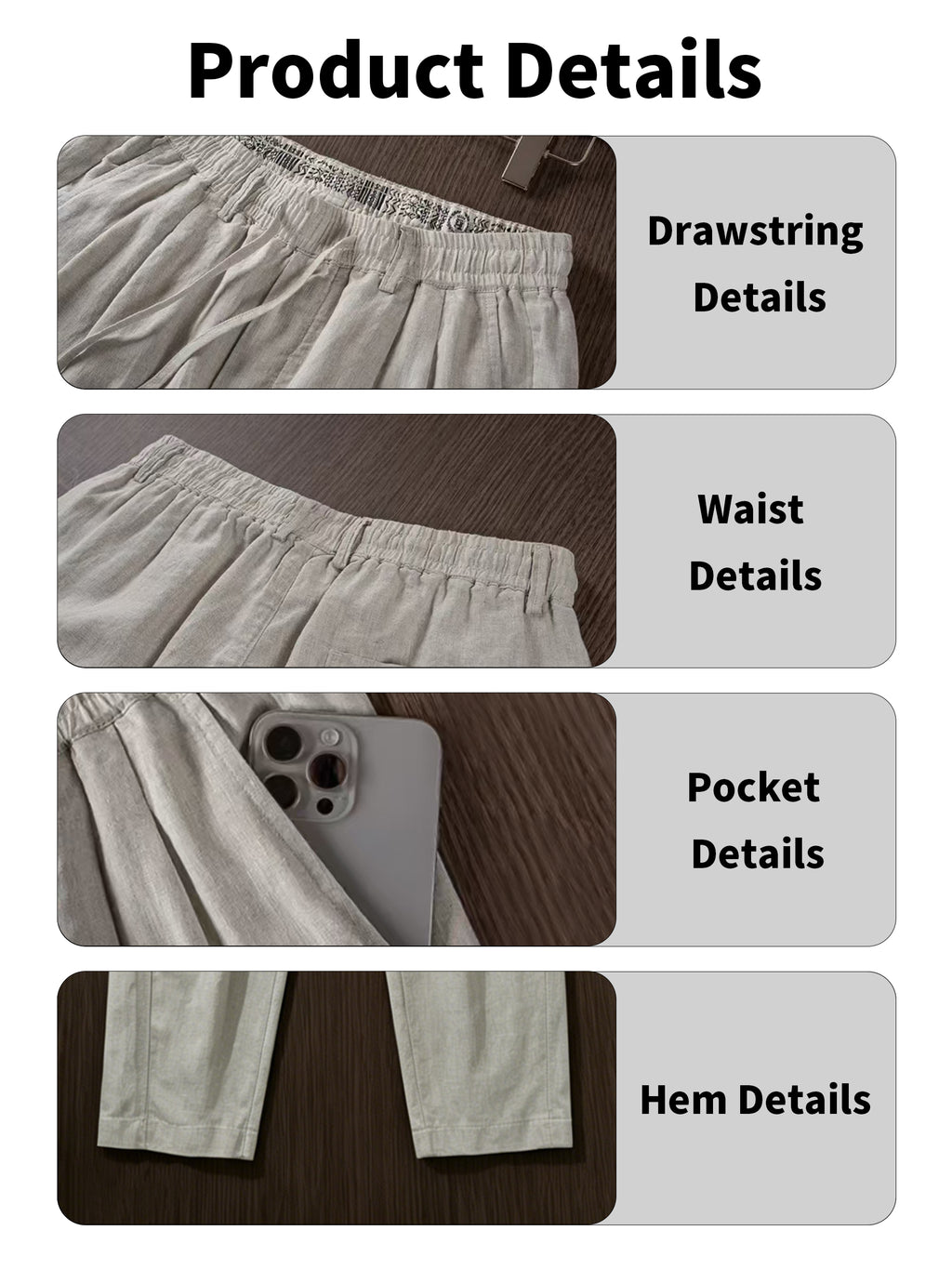 Herrenhose mit weitem Bein aus 100% Leinen, lässige Sommerhose mit Kordelzug