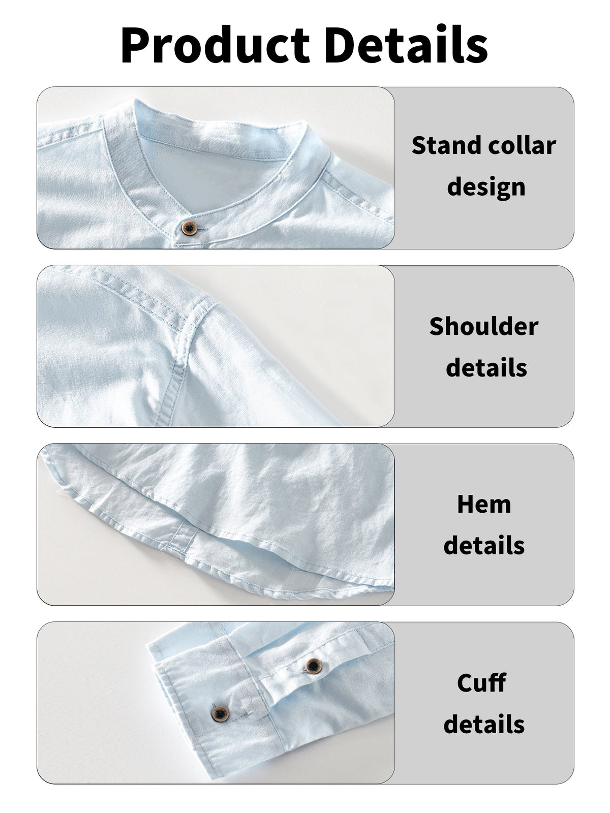 Men's Cotton Linen Long Sleeve Shirt, Stand Collar Henley Casual Fall Blouse 75% Cotton 25% Linen