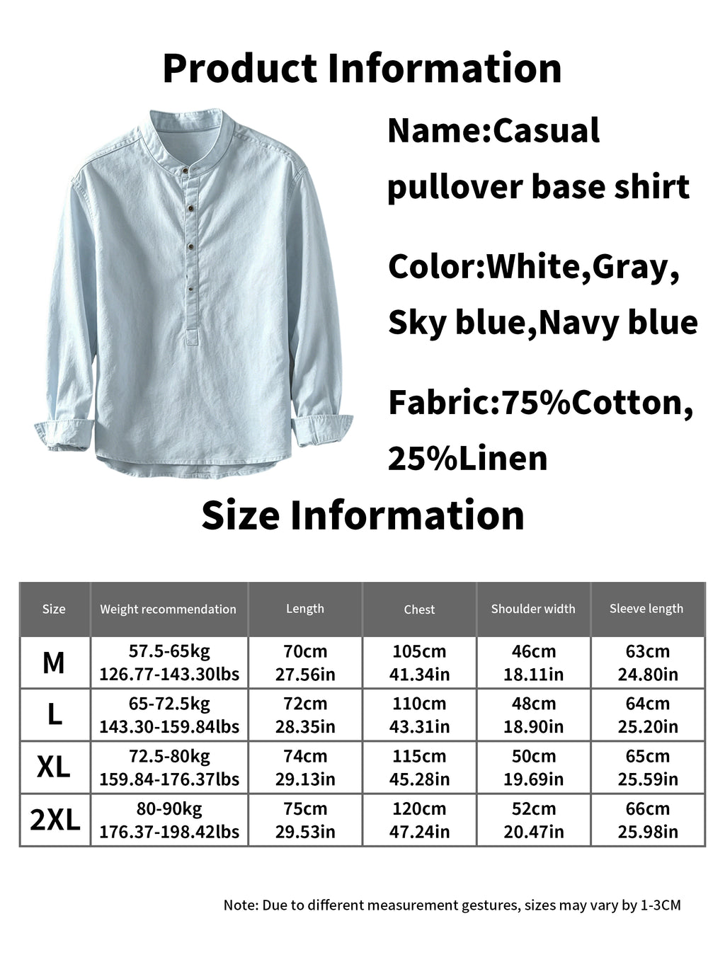 Men's Cotton Linen Long Sleeve Shirt, Stand Collar Henley Casual Fall Blouse 75% Cotton 25% Linen