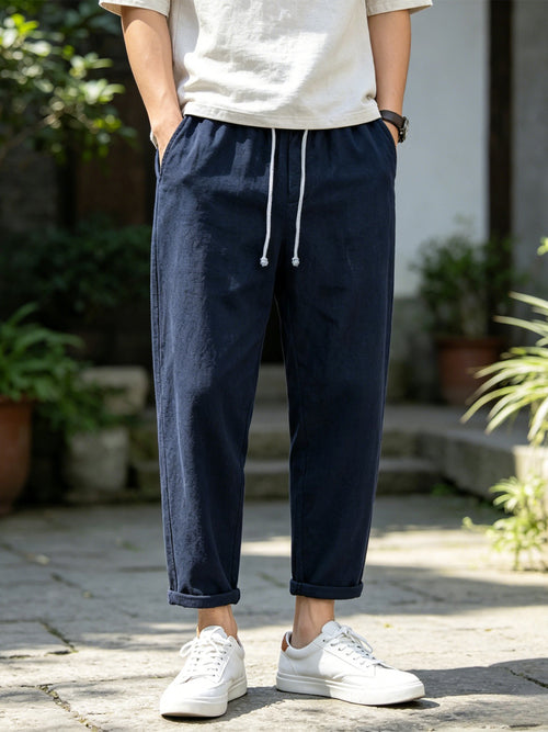 100% Linen Men Cropped Harem Pants Summer Casual Drawstring Trousers