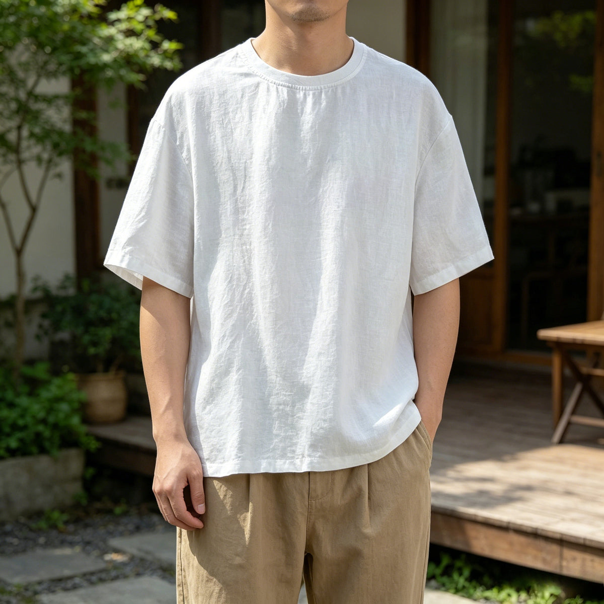 Herren-T-Shirt aus 100 % Hanf mit kurzem Arm, lässiges Sommer-Shirt mit Rundhalsausschnitt und lockerer Passform