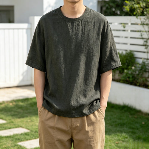 Herren-T-Shirt aus 100 % Hanf mit kurzem Arm, lässiges Sommer-Shirt mit Rundhalsausschnitt und lockerer Passform