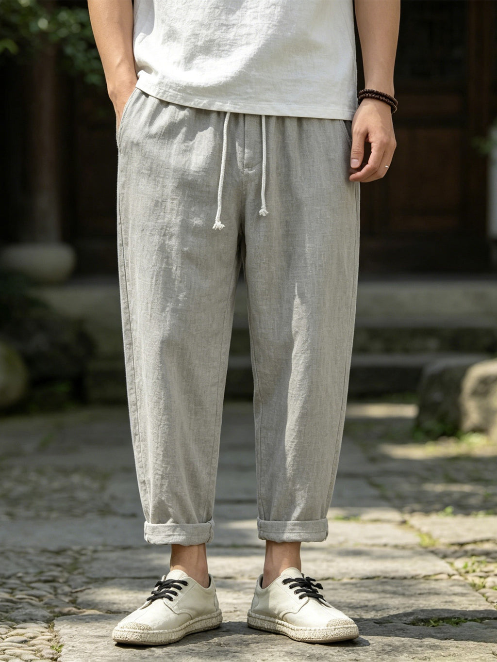 100% Linen Men Cropped Harem Pants Summer Casual Drawstring Trousers