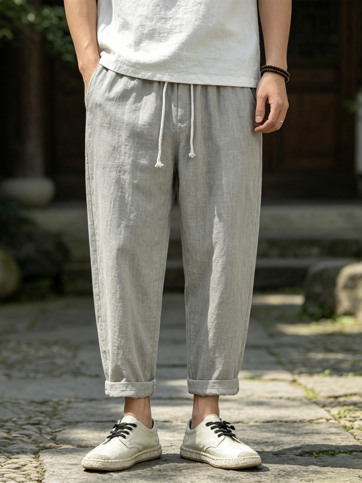 100% Linen Men Cropped Harem Pants Summer Casual Drawstring Trousers