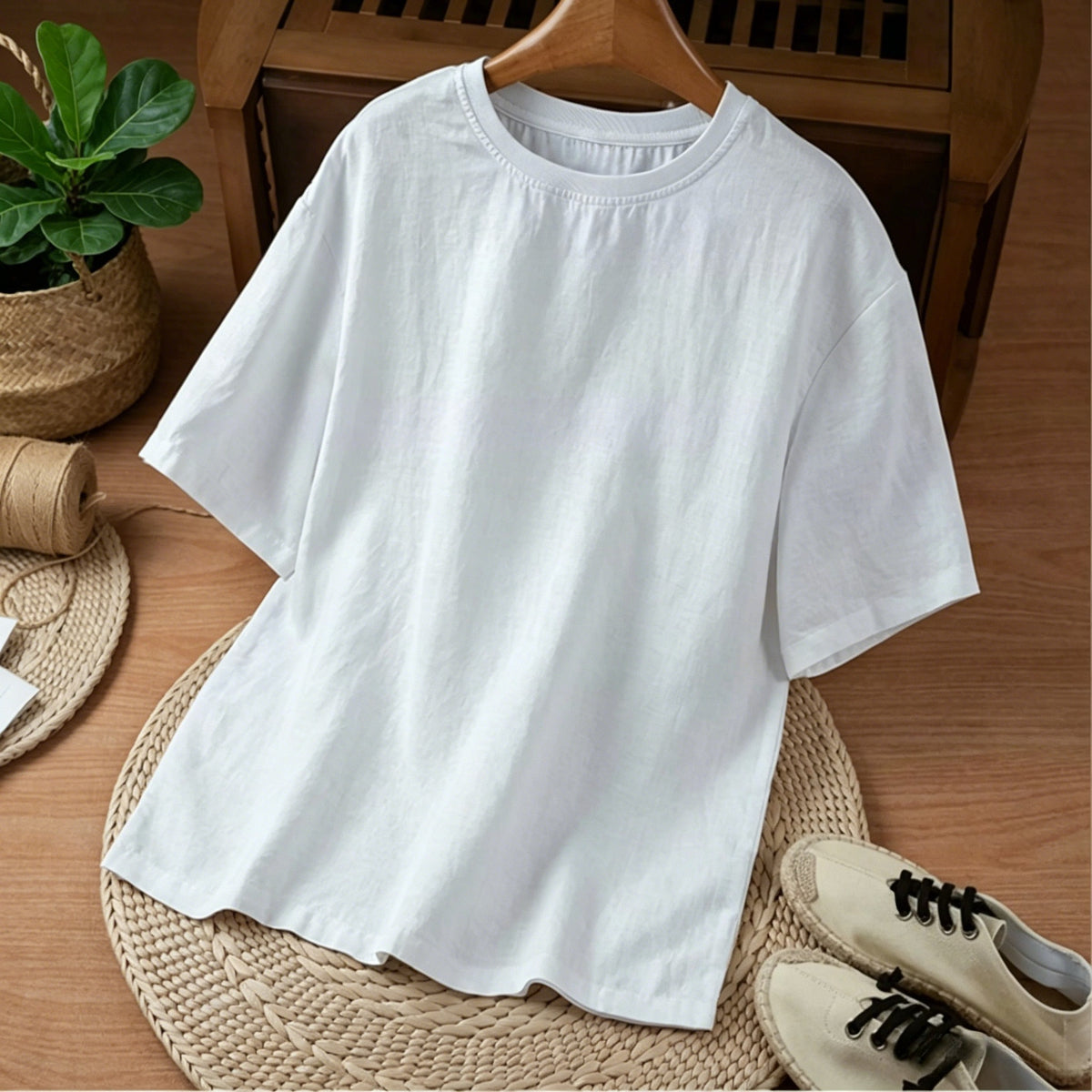 Herren-T-Shirt aus 100 % Hanf mit kurzem Arm, lässiges Sommer-Shirt mit Rundhalsausschnitt und lockerer Passform