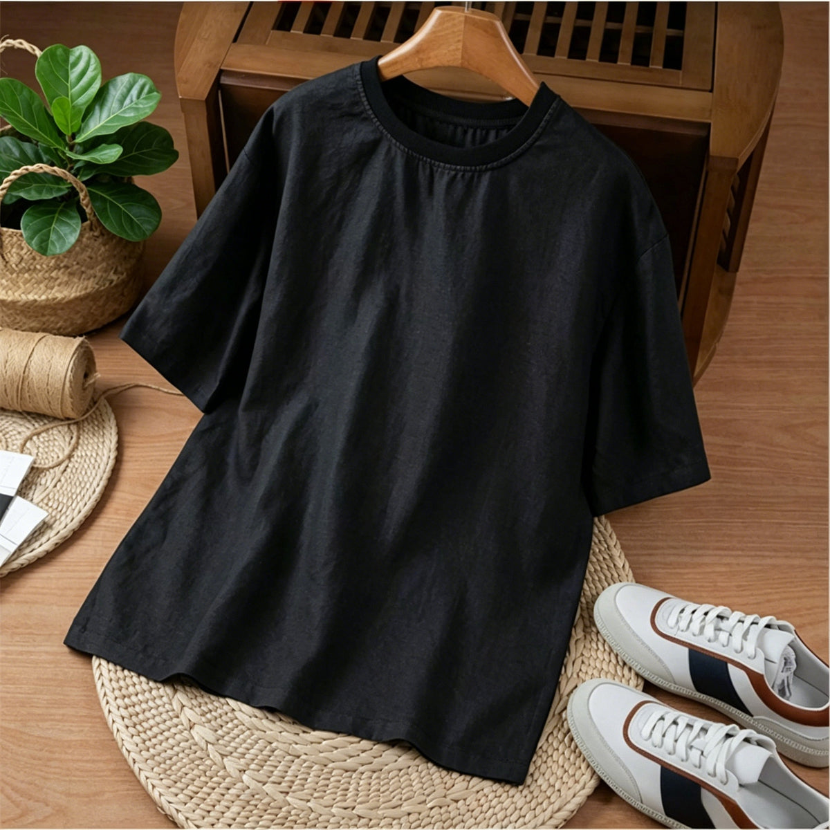Herren-T-Shirt aus 100 % Hanf mit kurzem Arm, lässiges Sommer-Shirt mit Rundhalsausschnitt und lockerer Passform