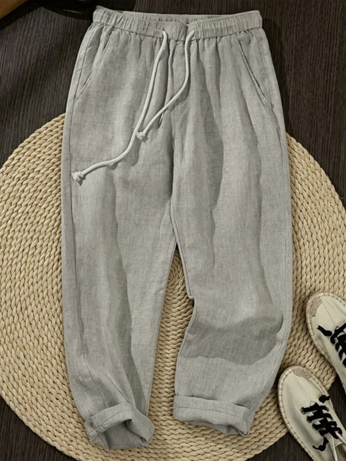 100% Linen Men Cropped Harem Pants Summer Casual Drawstring Trousers