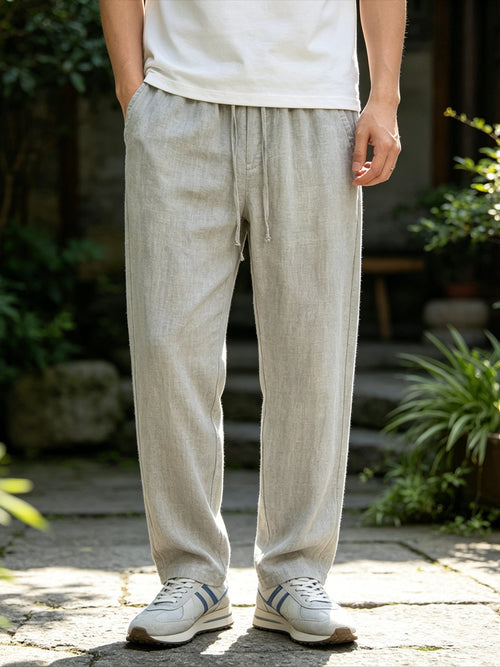 Herrenhose aus 100% Leinen, gerade geschnittene Freizeithose mit elastischem Bund und Kordelzug, leichte lange Sommerhose