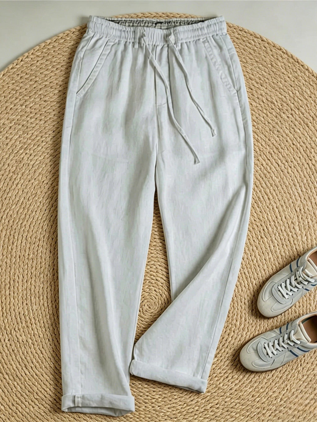 Herrenhose aus 100% Leinen, gerade geschnittene Freizeithose mit elastischem Bund und Kordelzug, leichte lange Sommerhose