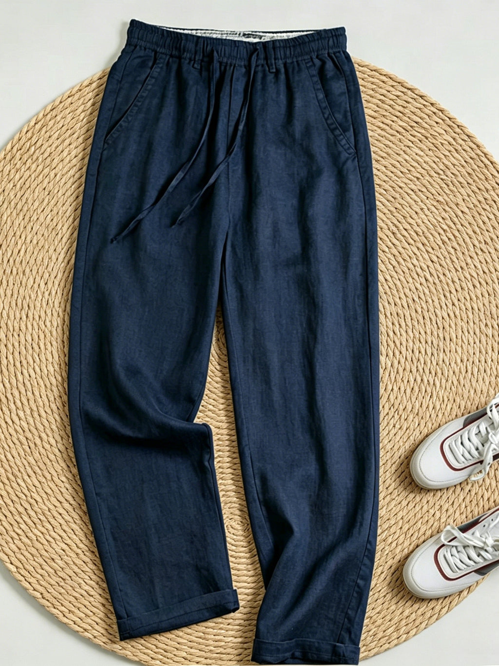 Herrenhose aus 100% Leinen, gerade geschnittene Freizeithose mit elastischem Bund und Kordelzug, leichte lange Sommerhose