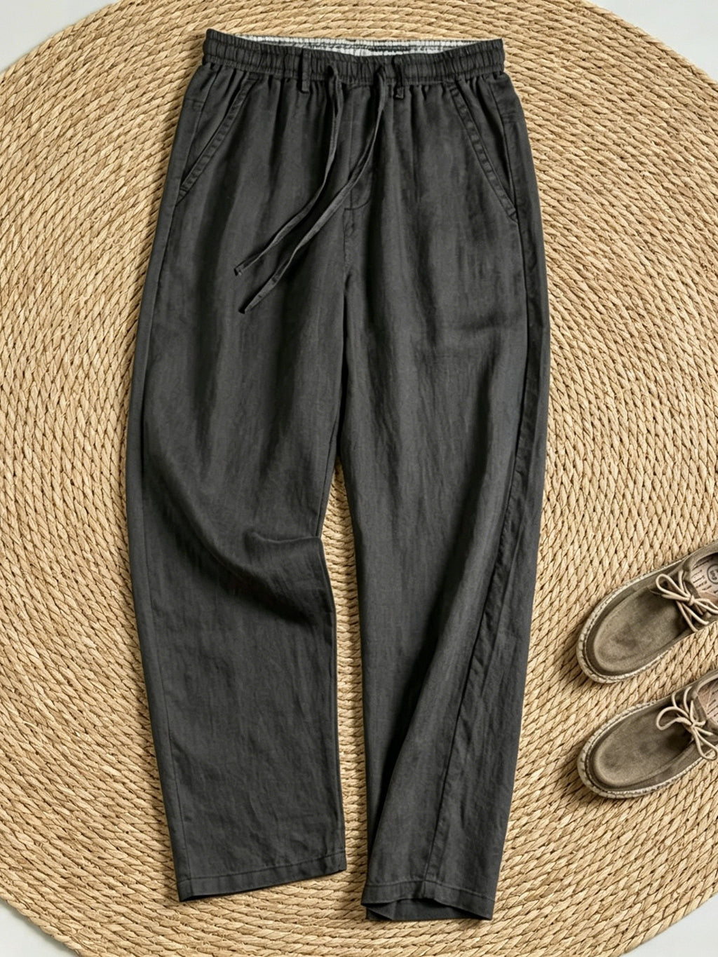 Herrenhose aus 100% Leinen, gerade geschnittene Freizeithose mit elastischem Bund und Kordelzug, leichte lange Sommerhose
