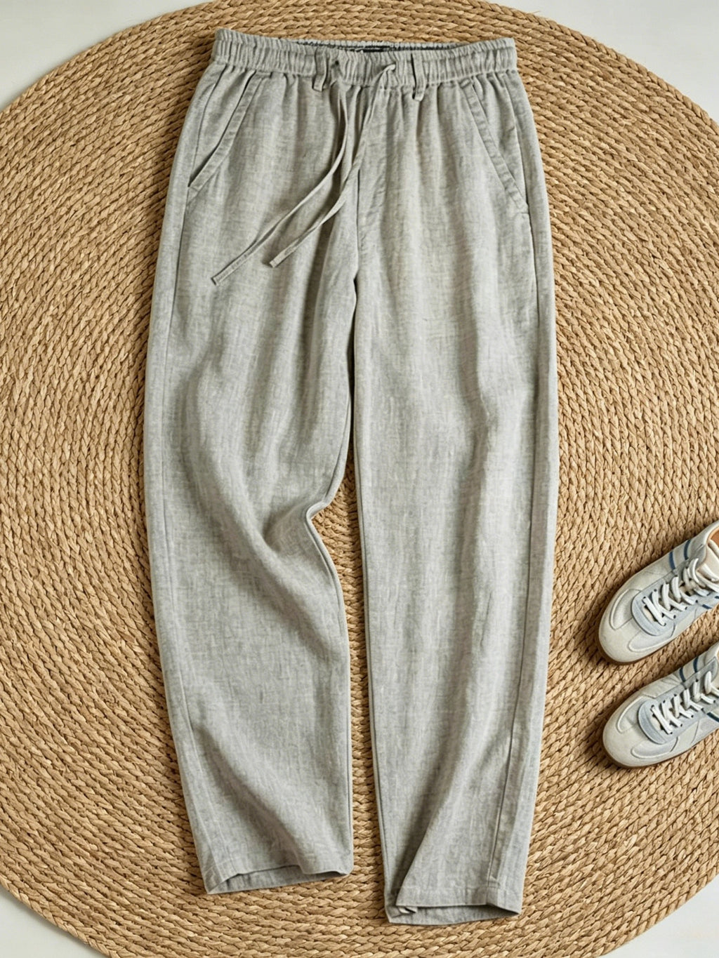 Herrenhose aus 100% Leinen, gerade geschnittene Freizeithose mit elastischem Bund und Kordelzug, leichte lange Sommerhose