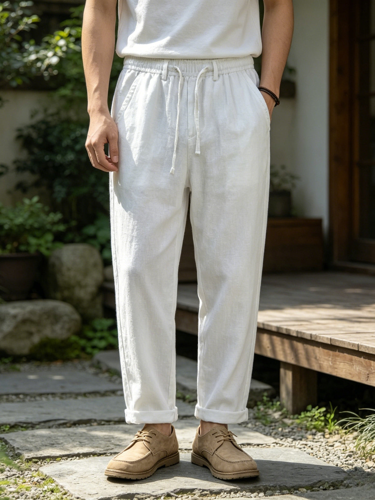Herrenhose aus 100% Leinen, gerade geschnittene Freizeithose mit elastischem Bund und Kordelzug, leichte lange Sommerhose