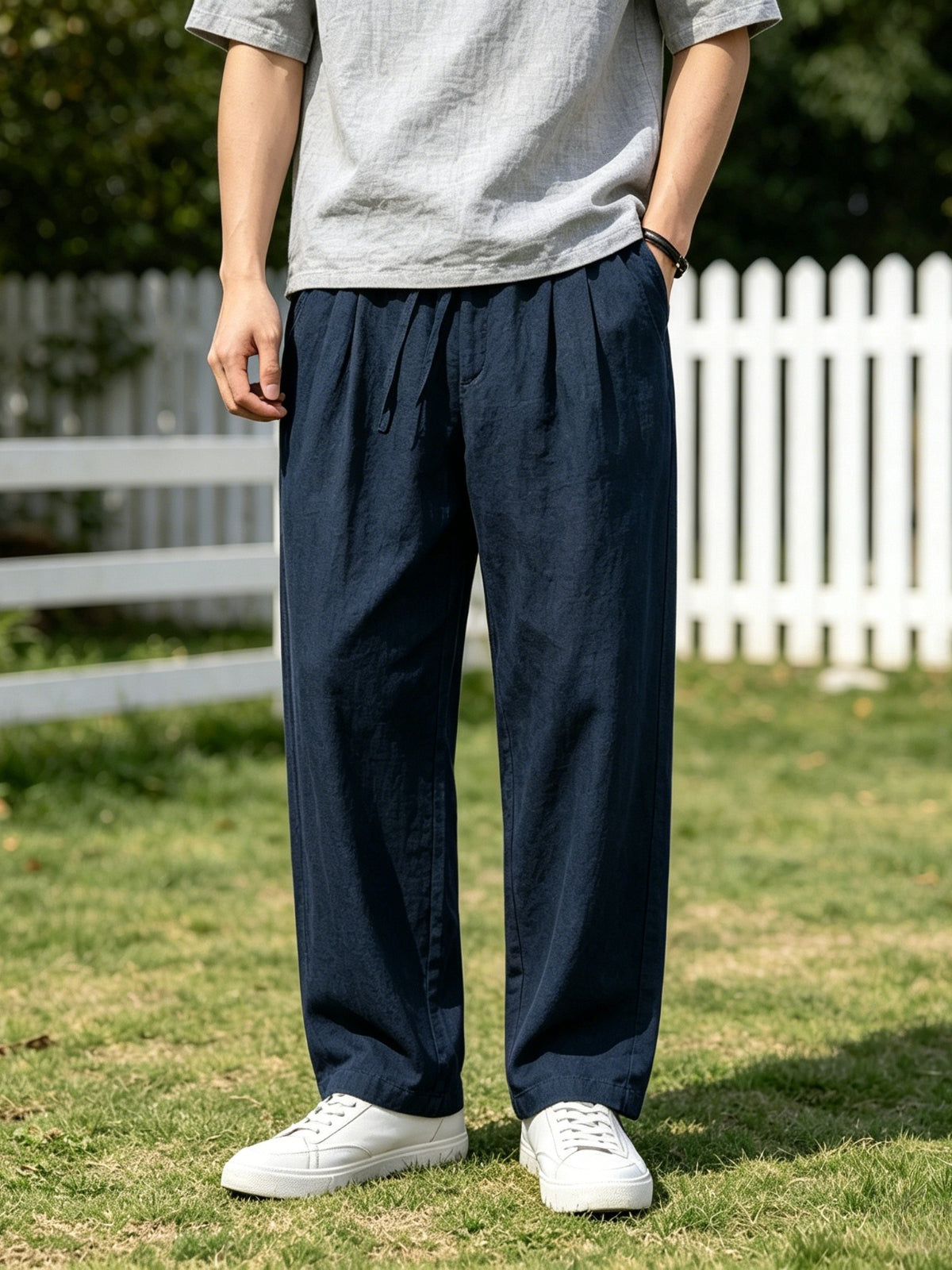 Herrenhose mit weitem Bein aus 100% Leinen, lässige Sommerhose mit Kordelzug