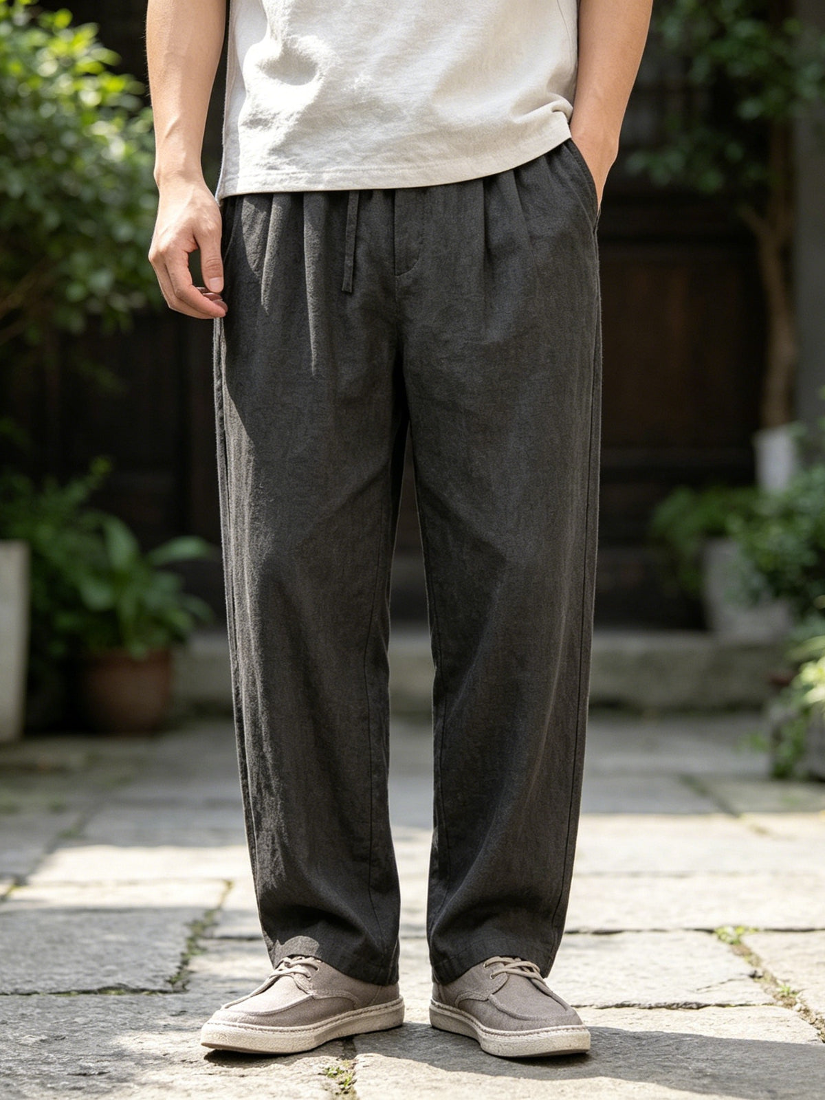 Herrenhose mit weitem Bein aus 100% Leinen, lässige Sommerhose mit Kordelzug
