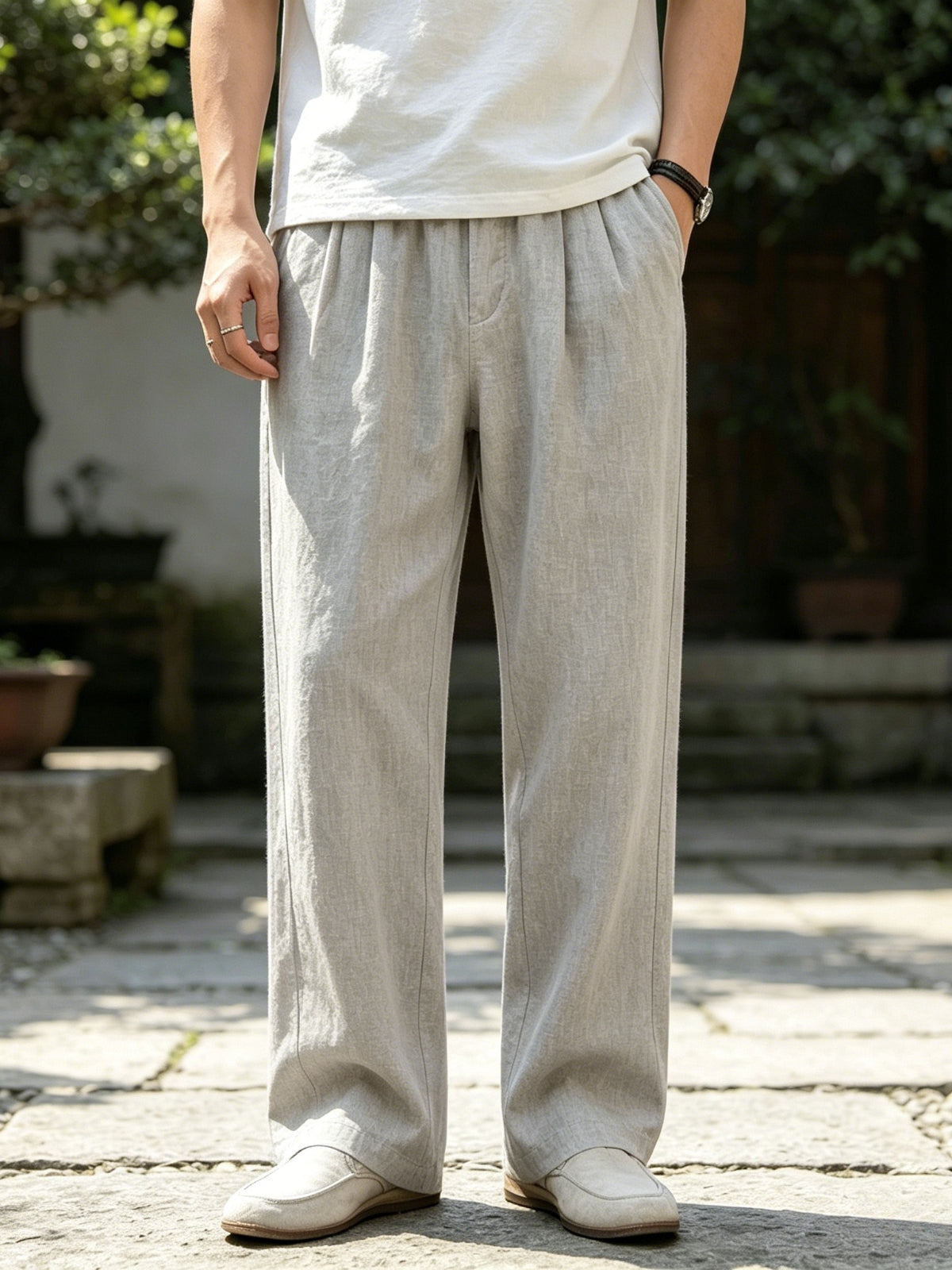 Herrenhose mit weitem Bein aus 100% Leinen, lässige Sommerhose mit Kordelzug