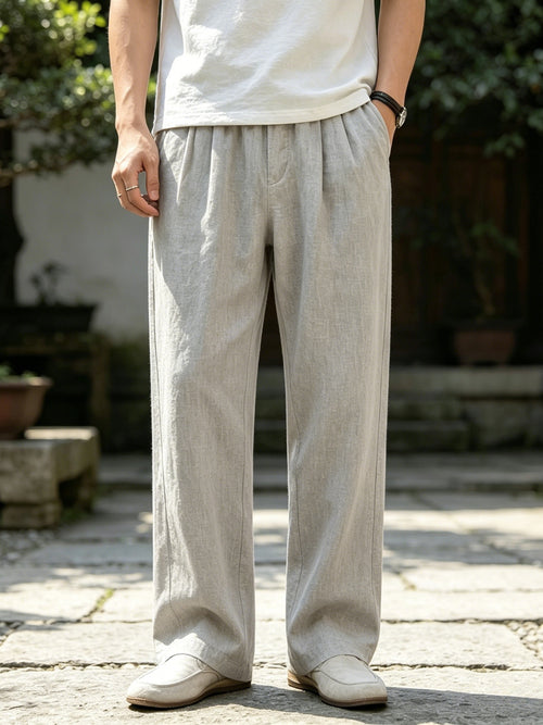 Herrenhose mit weitem Bein aus 100% Leinen, lässige Sommerhose mit Kordelzug