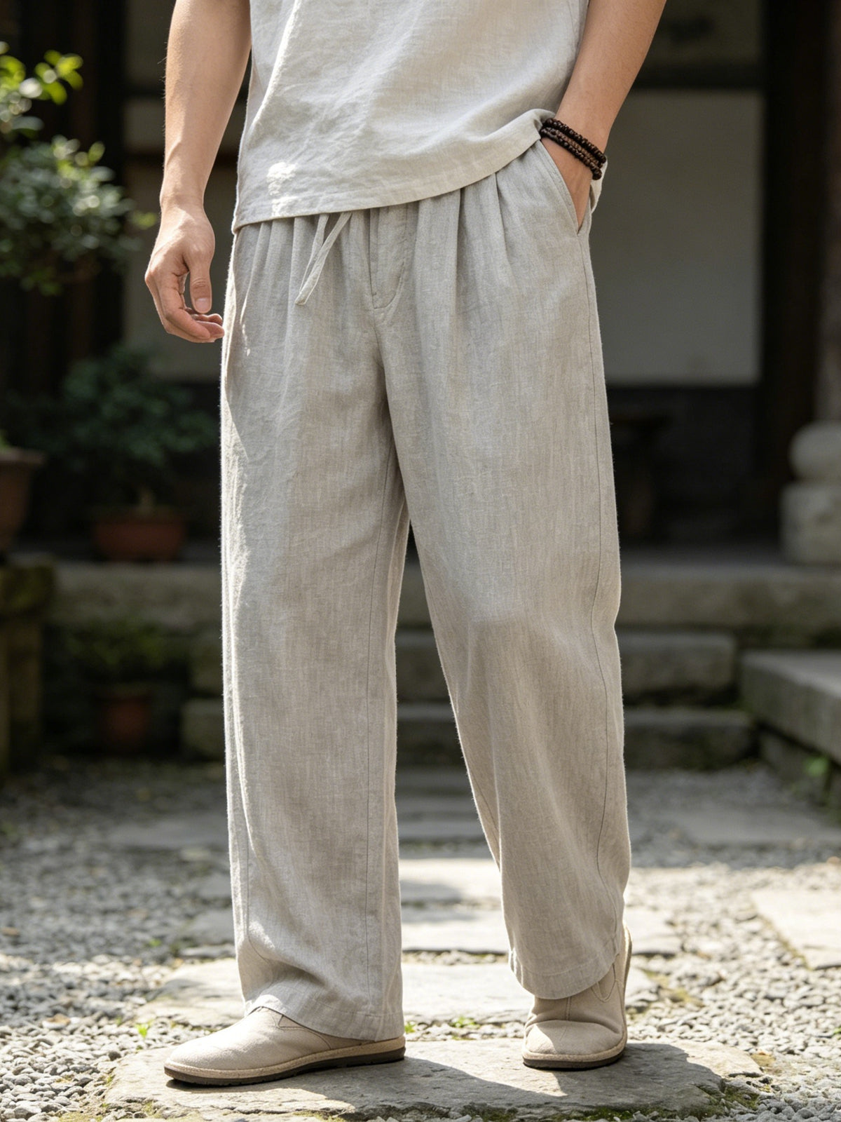 Herrenhose mit weitem Bein aus 100% Leinen, lässige Sommerhose mit Kordelzug