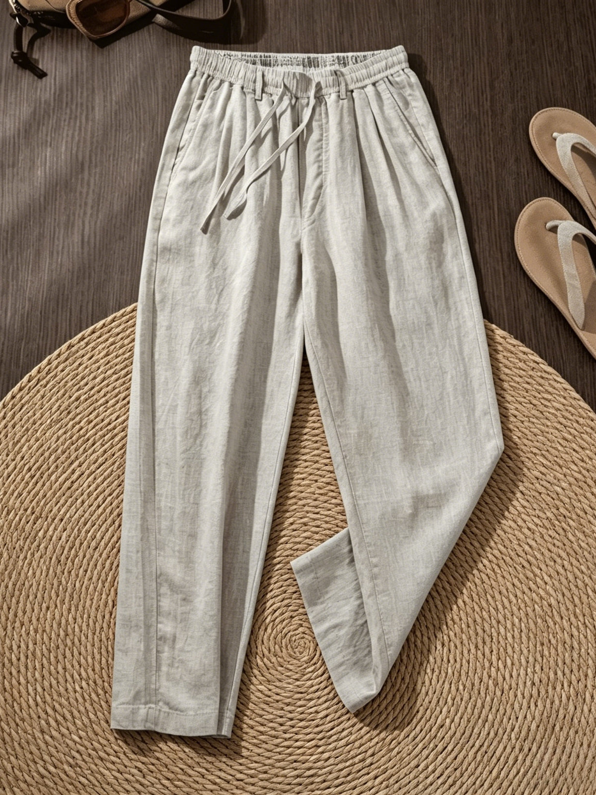 Herrenhose mit weitem Bein aus 100% Leinen, lässige Sommerhose mit Kordelzug