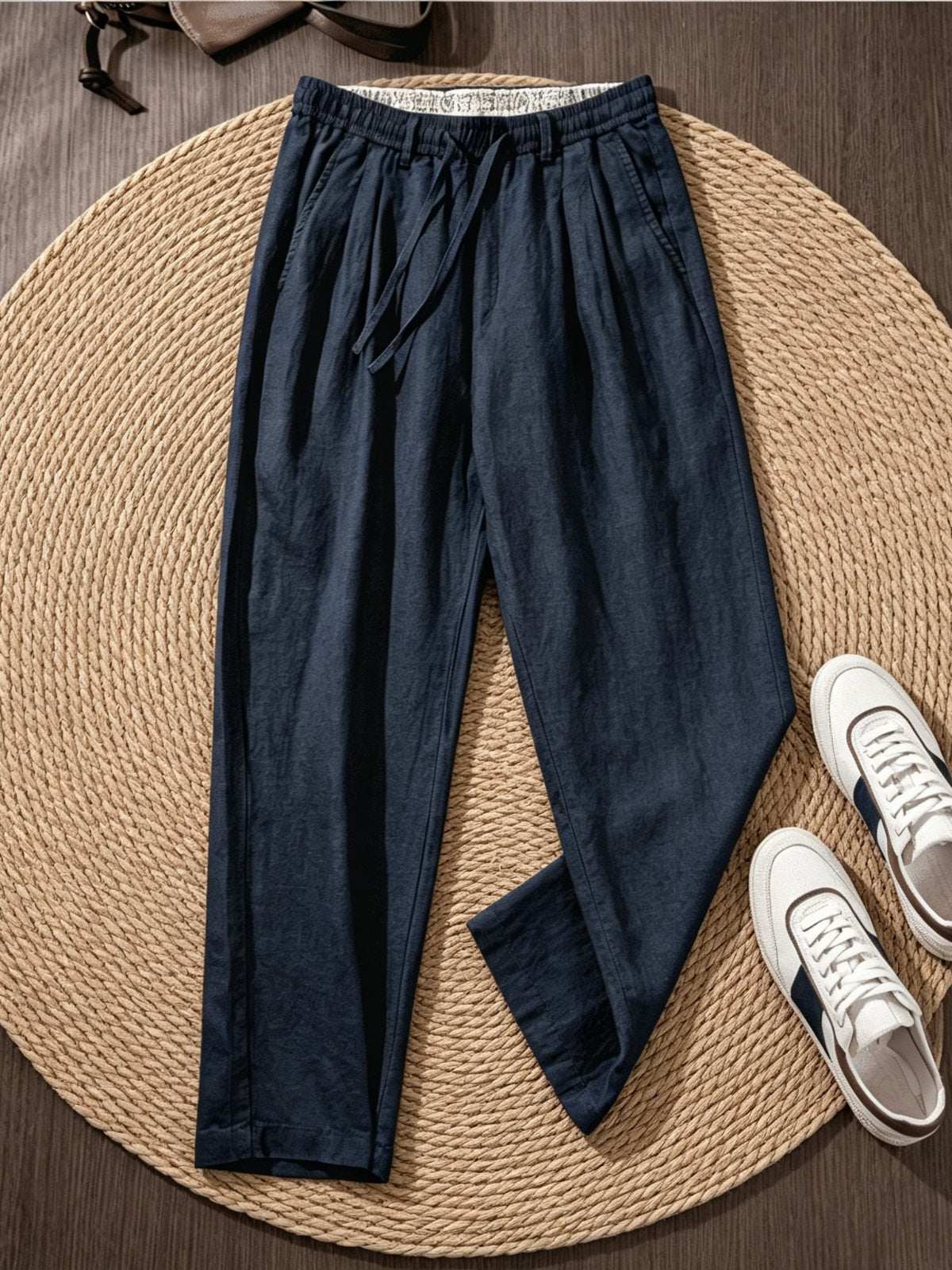 Herrenhose mit weitem Bein aus 100% Leinen, lässige Sommerhose mit Kordelzug
