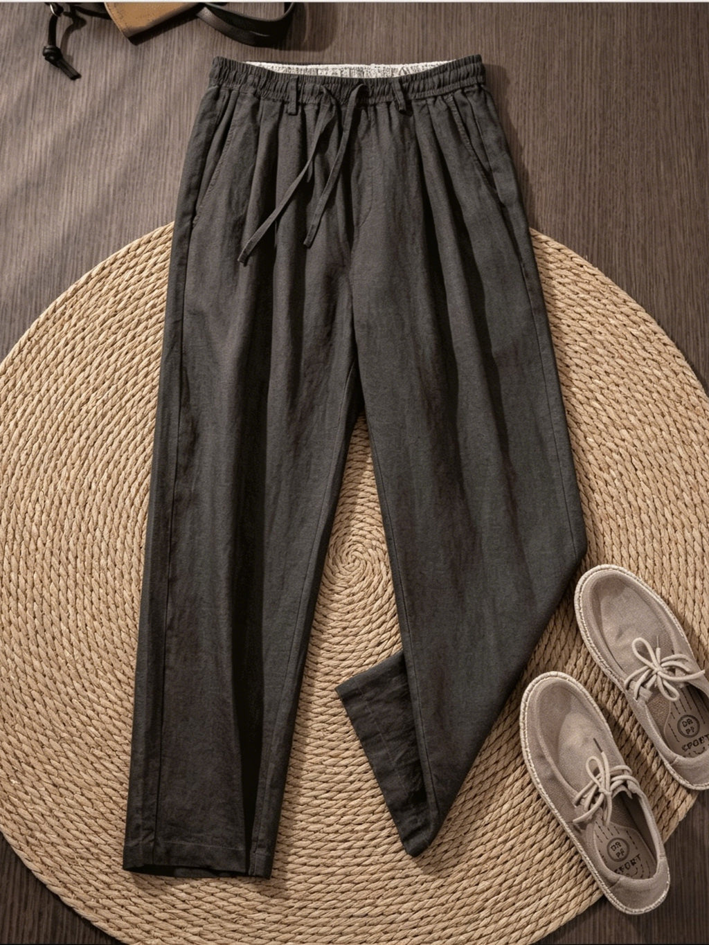 Herrenhose mit weitem Bein aus 100% Leinen, lässige Sommerhose mit Kordelzug