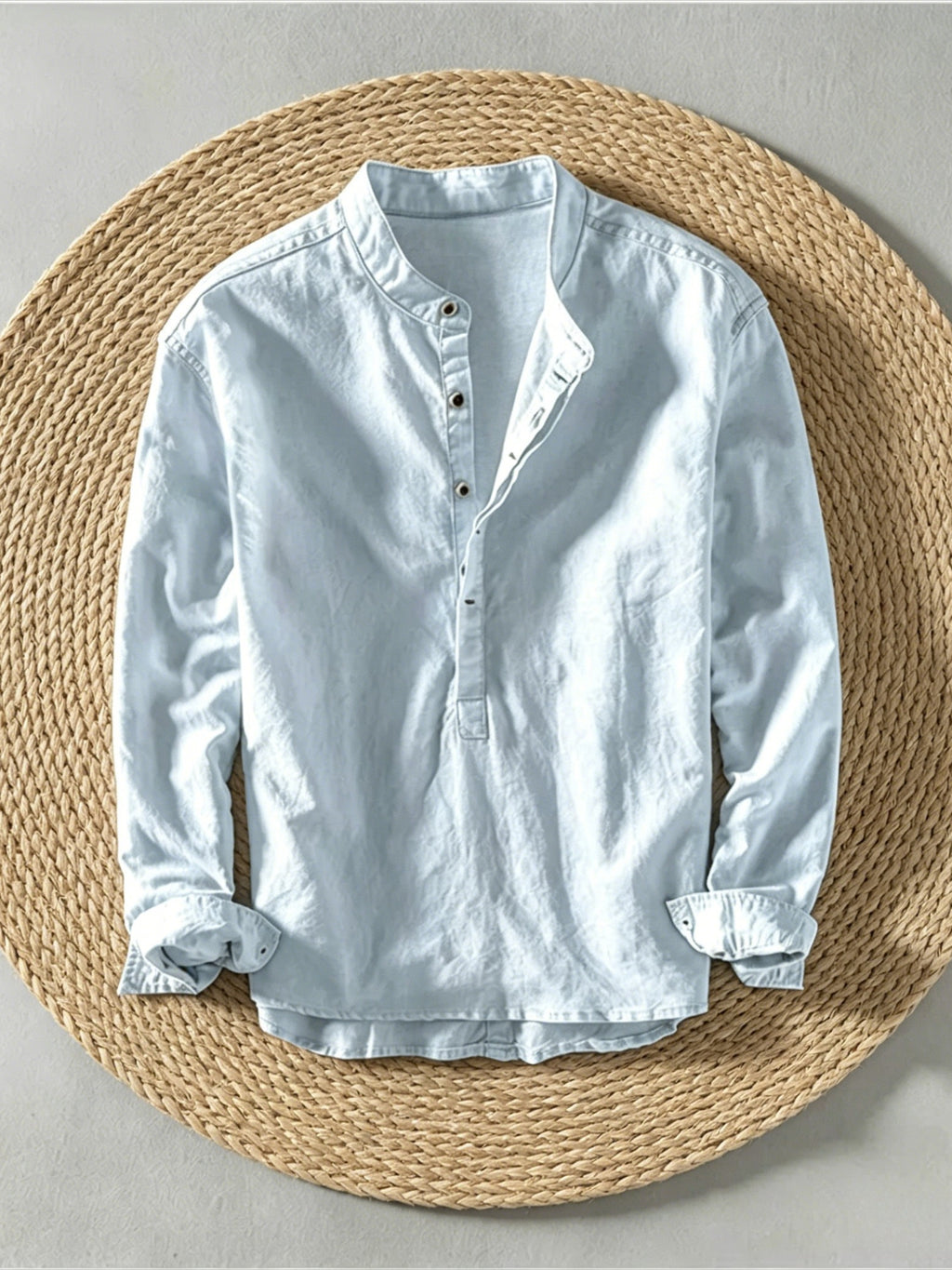 Men's Cotton Linen Long Sleeve Shirt, Stand Collar Henley Casual Fall Blouse 75% Cotton 25% Linen