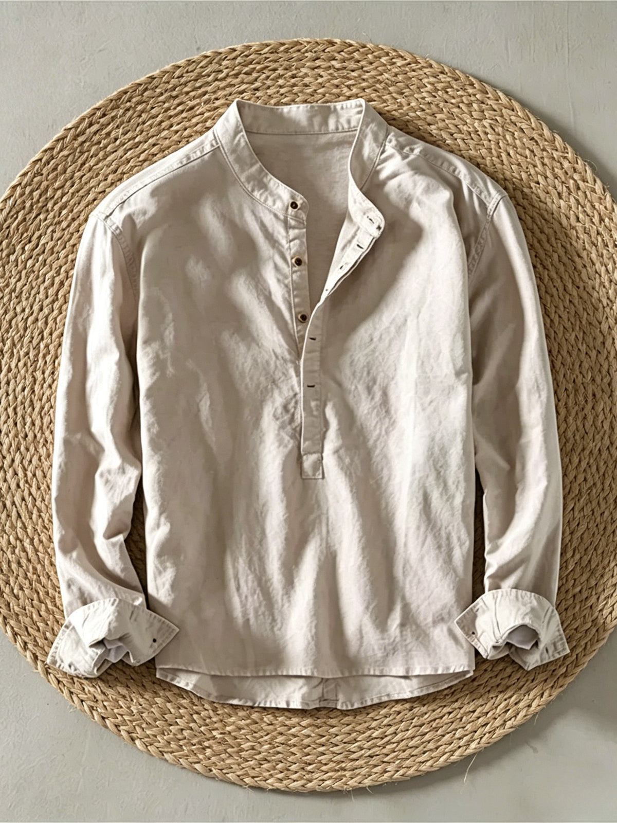 Men's Cotton Linen Long Sleeve Shirt, Stand Collar Henley Casual Fall Blouse 75% Cotton 25% Linen