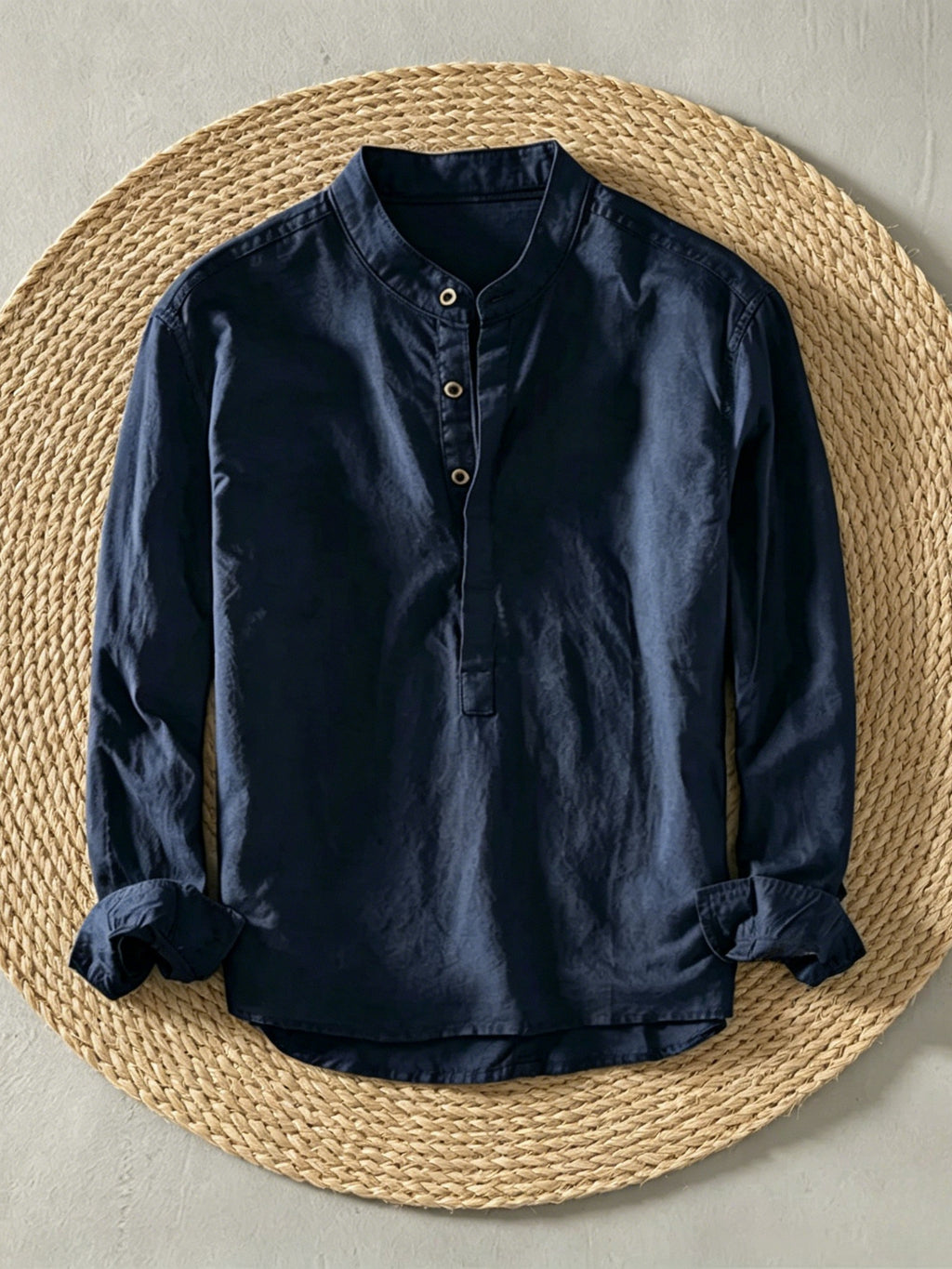 Men's Cotton Linen Long Sleeve Shirt, Stand Collar Henley Casual Fall Blouse 75% Cotton 25% Linen