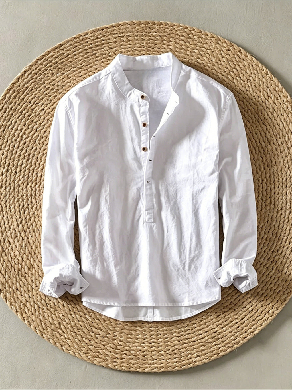 Men's Cotton Linen Long Sleeve Shirt, Stand Collar Henley Casual Fall Blouse 75% Cotton 25% Linen