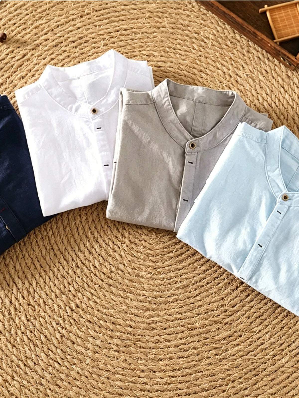 Men's Cotton Linen Long Sleeve Shirt, Stand Collar Henley Casual Fall Blouse 75% Cotton 25% Linen