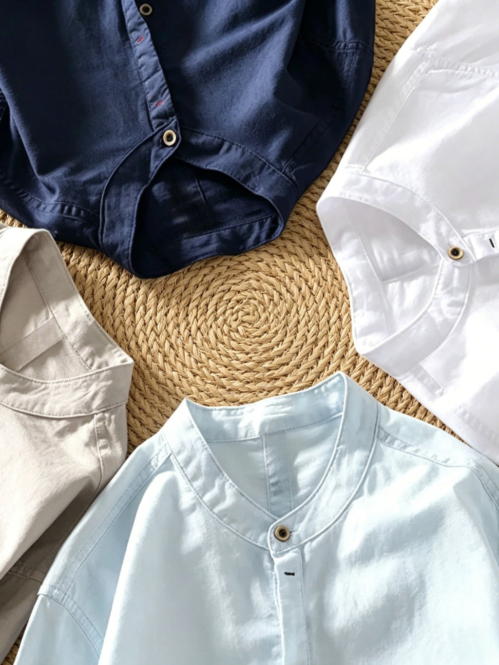 Men's Cotton Linen Long Sleeve Shirt, Stand Collar Henley Casual Fall Blouse 75% Cotton 25% Linen